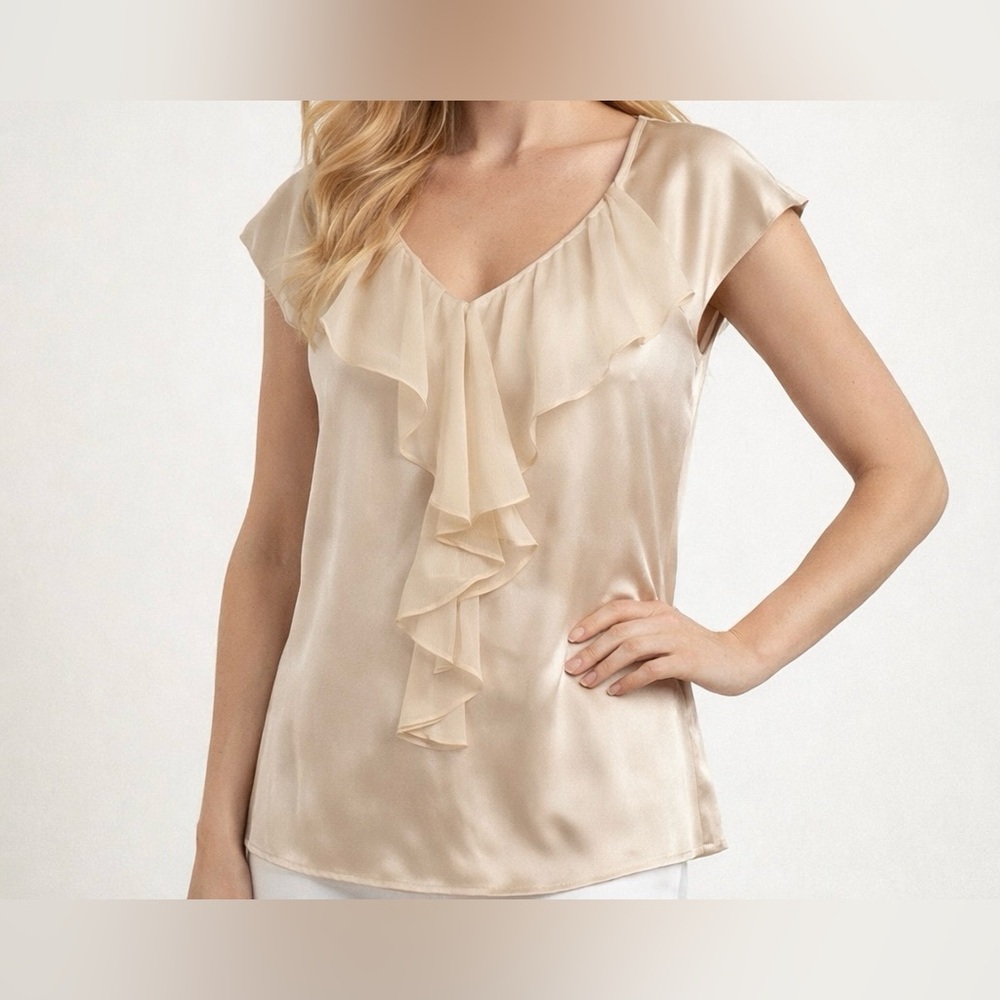 St. John Silk Blouse Champagne Ruffle Front Top Size 8